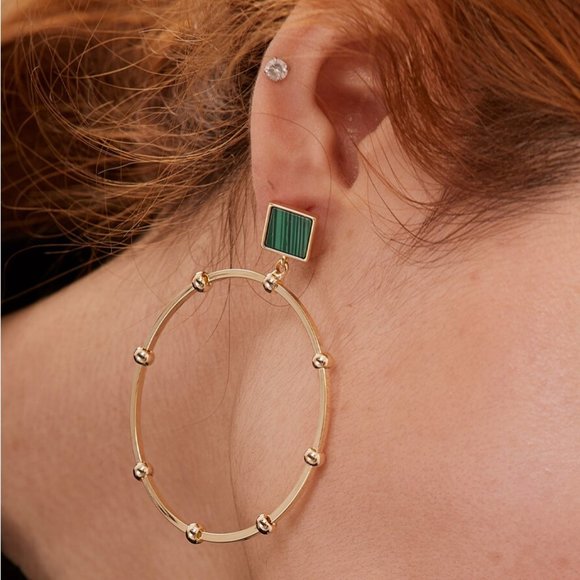 14K Gold Plated Brass Green Malachite Earrings - Picture 3 of 12